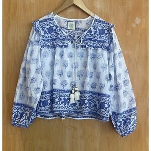 Alicia Bell Blue White Printed Lightweight Cotton Long Sleeve Top Size Medium